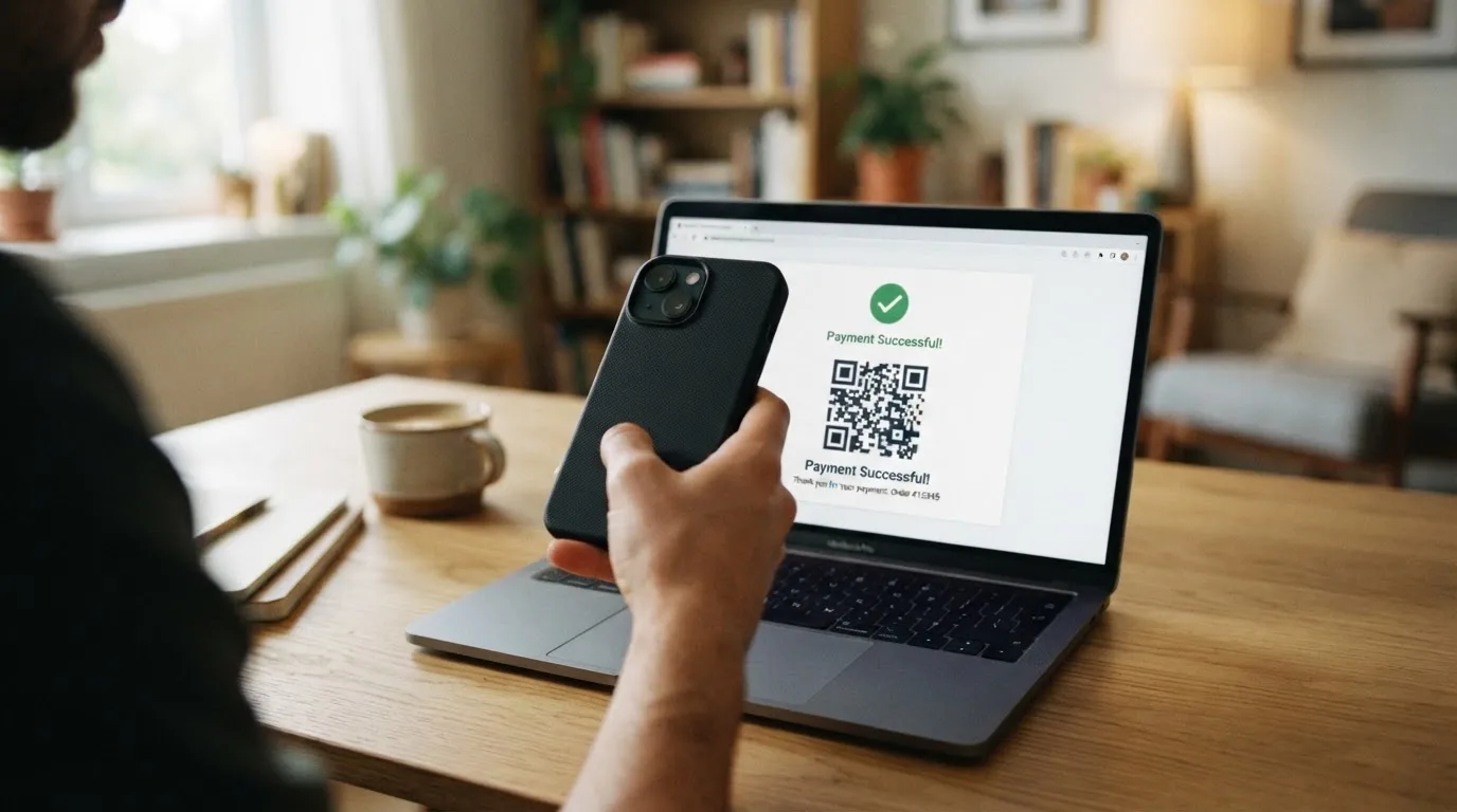 Een hand scant een QR-code met een smartphone om een Bancontact-storting in een online casino te bevestigen
