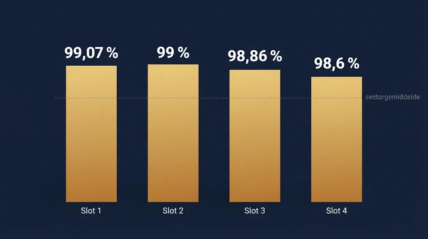 Vier gokkast-tegels in een casino-interface met de RTP-percentages 99,07%, 99%, 98,86% en 98,6% zichtbaar uitgelicht
