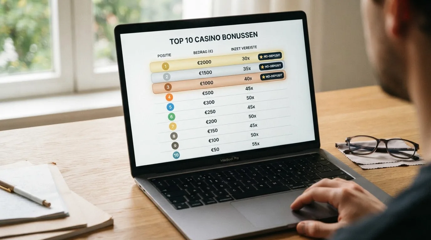 Een overzichtelijke top-10 ranglijst op een laptopscherm met casino-logo's, bonusbedragen en inzetvereisten in een tabel, met de bovenste drie gemarkeerd als 'no-deposit'.