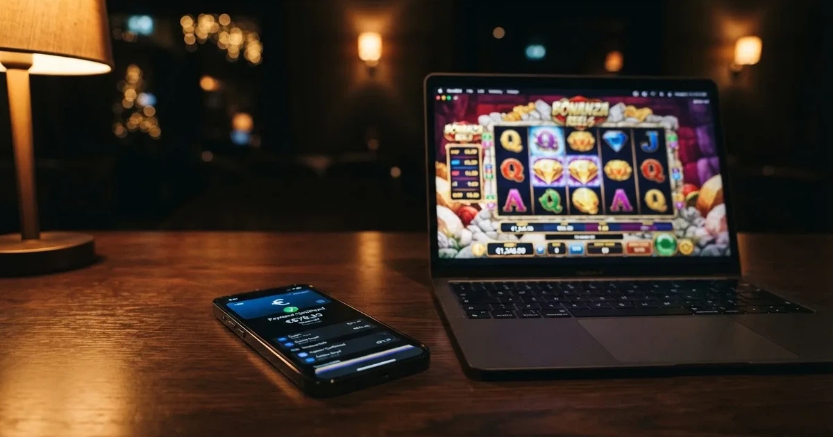 Een smartphone met het AstroPay-logo op het scherm naast een casino-interface, tegen een gedempte achtergrond die een online casino-setting suggereert