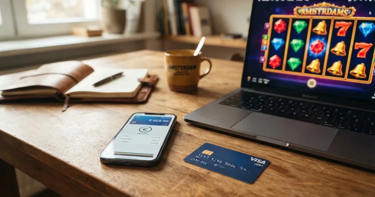 Een smartphone met de Bancontact-app en een betaalkaart naast een open online casino op een laptopscherm