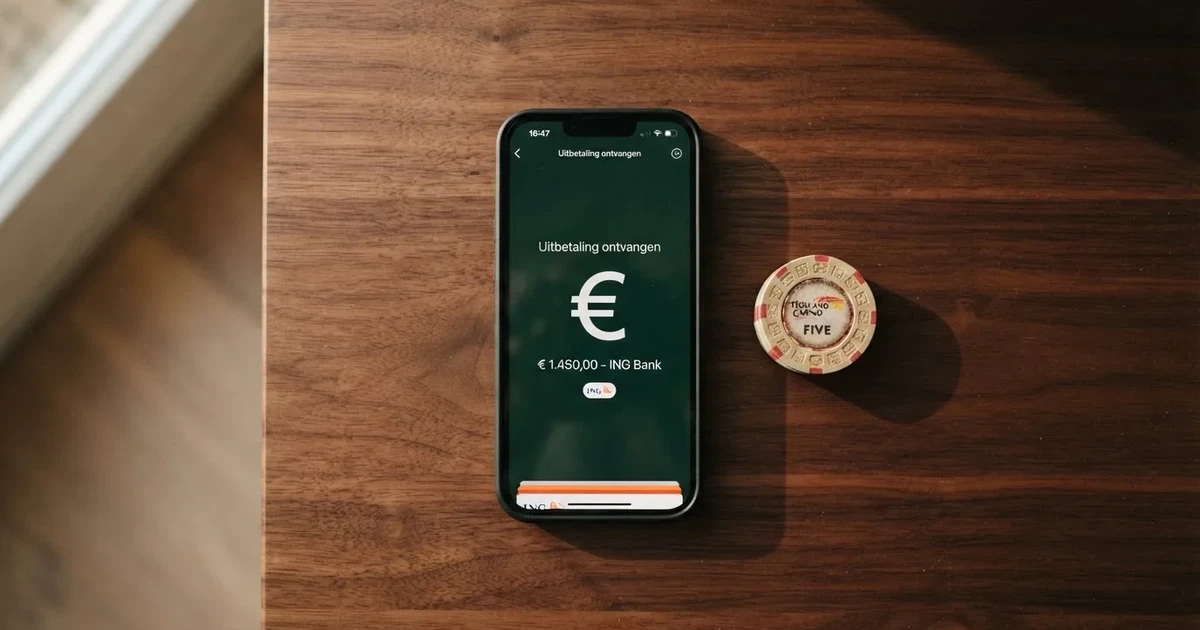 Een smartphone met een bank-app en een iDEAL-betaalscherm naast een casino-uitbetaling naar een Nederlandse rekening