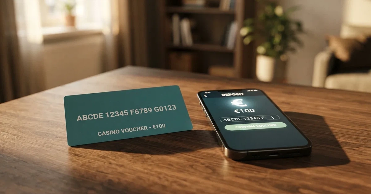 CashtoCode eVoucher-kaart met een 20-cijferige pincode naast een smartphone met een casino-stortingsscherm