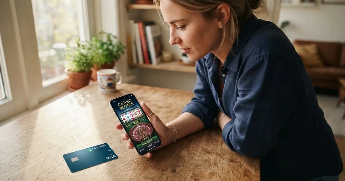 Een Nederlandse speler die met zijn smartphone een online casino bezoekt, met een creditcard naast het toestel op tafel