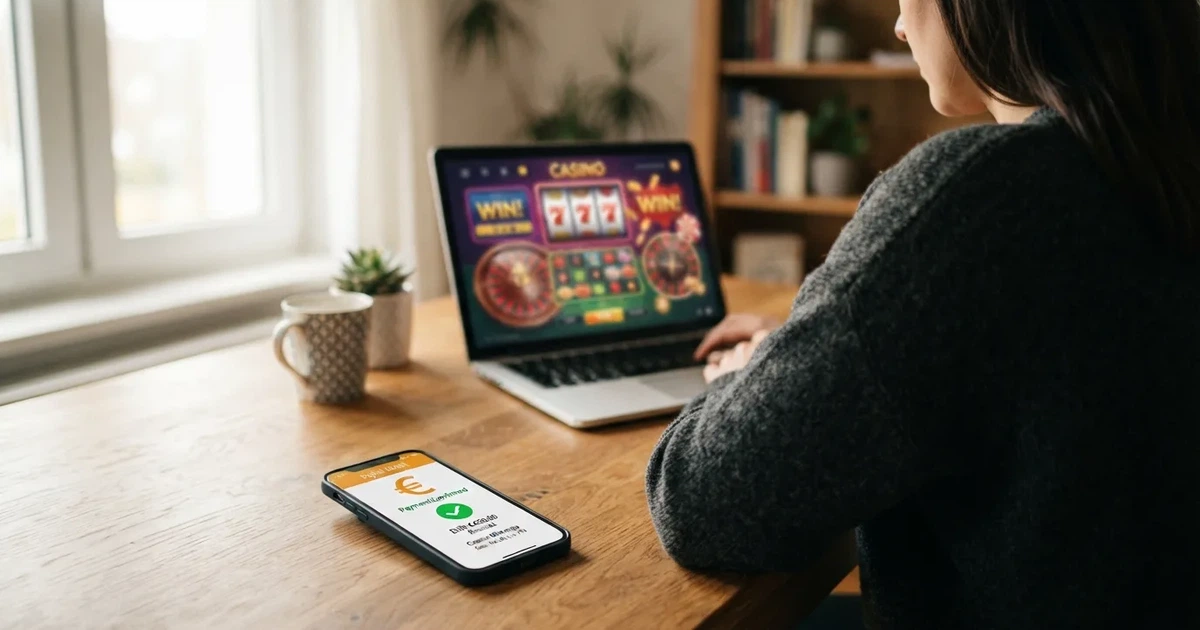Smartphone met een digitale portemonnee-app, op de achtergrond een online casino op een laptopscherm