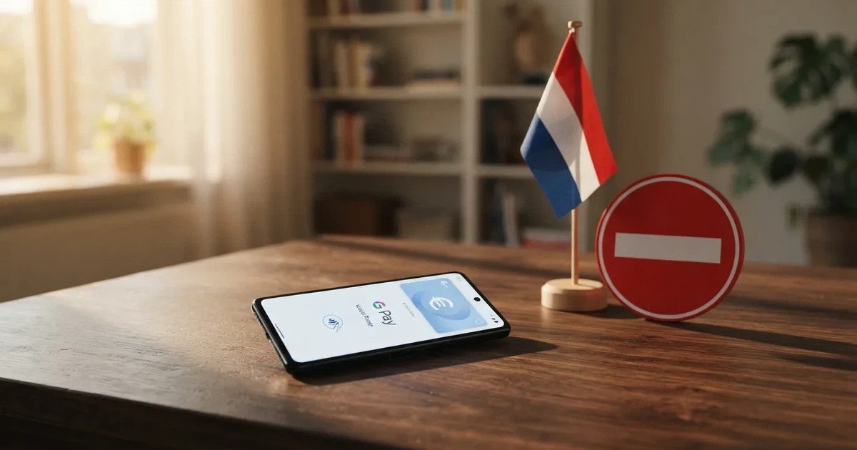 Een smartphone met het Google Pay-logo naast een Nederlandse vlag en een verbodsbord