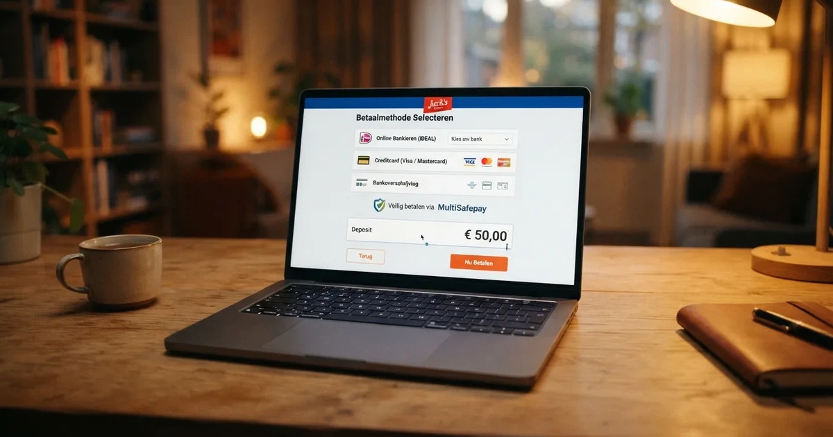 Een Nederlands online casino-betaalscherm met iDEAL, creditcard en bankoverschrijving als zichtbare opties, met een klein HiPay-logo naast de betaalprovider-vermelding onderaan de pagina.