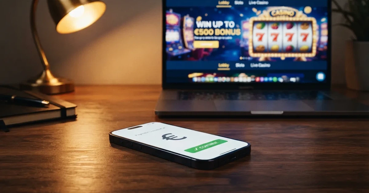 Een smartphone met het iDEAL-betaalscherm en op de achtergrond een online casino-interface met een welkomstbonusbanner
