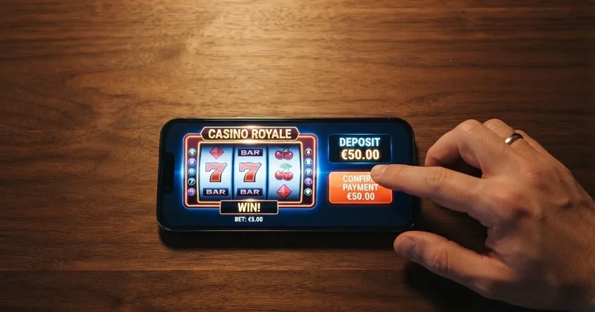 Smartphone met een betaal-app en een online casino op het scherm