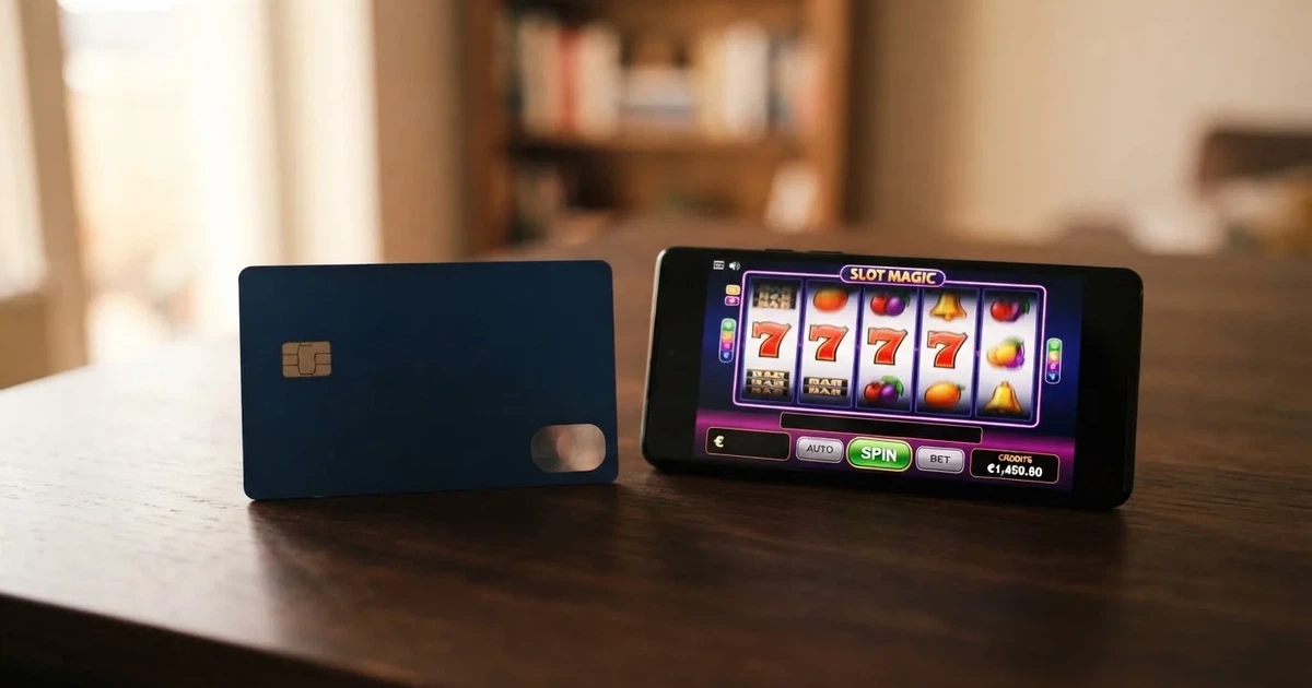 Een Debit Mastercard-betaalpas en een telefoon met een geopende casino-app ernaast