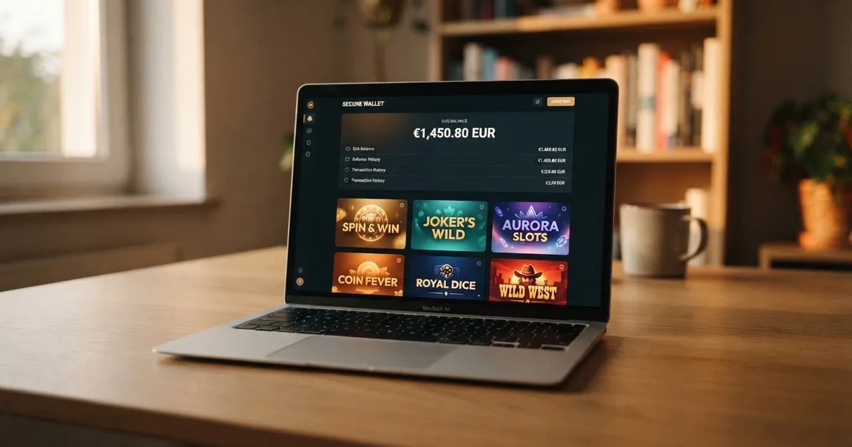 MiFinity eWallet-logo en online casino-interface op een laptopscherm