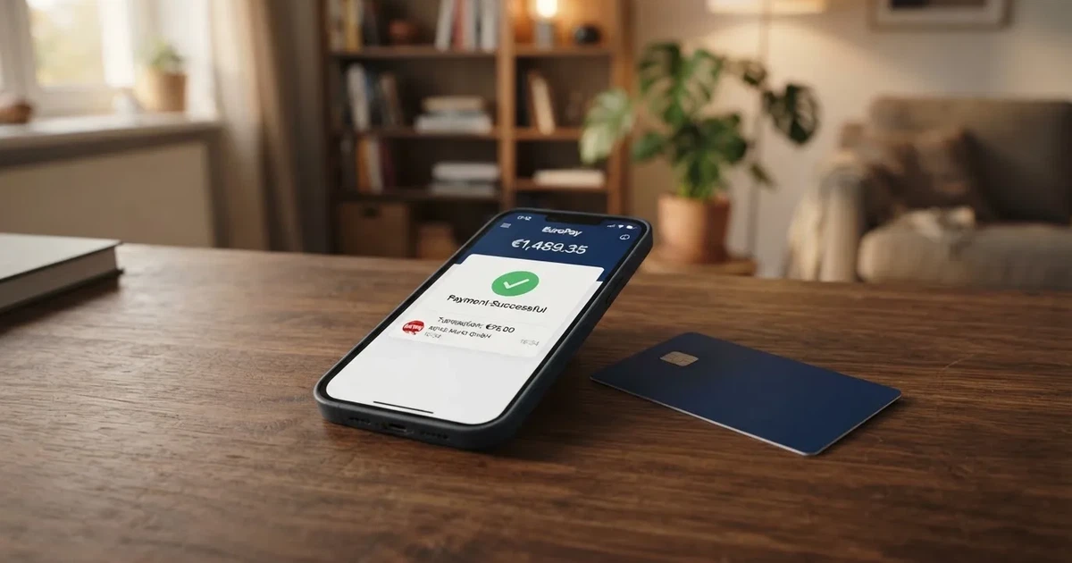 MuchBetter app-interface op een smartphone, met het MuchBetter-logo en een Mastercard-debitcard in beeld