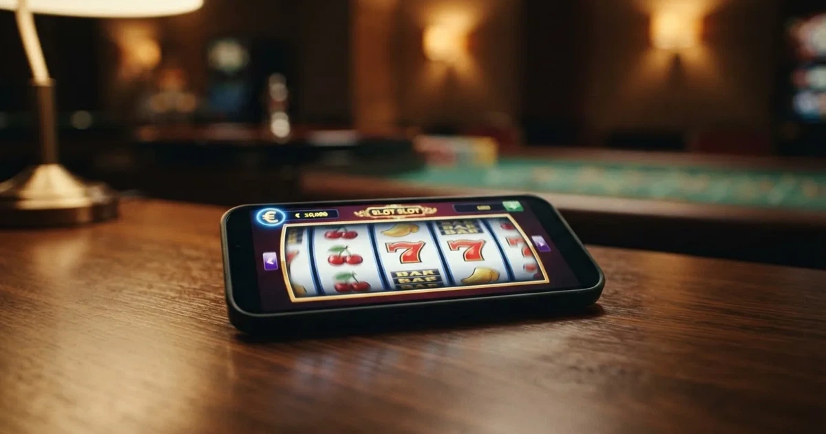 Een smartphone met het Neteller-logo en een Nederlandse casino-interface op het scherm, met een slot-spin op de achtergrond.
