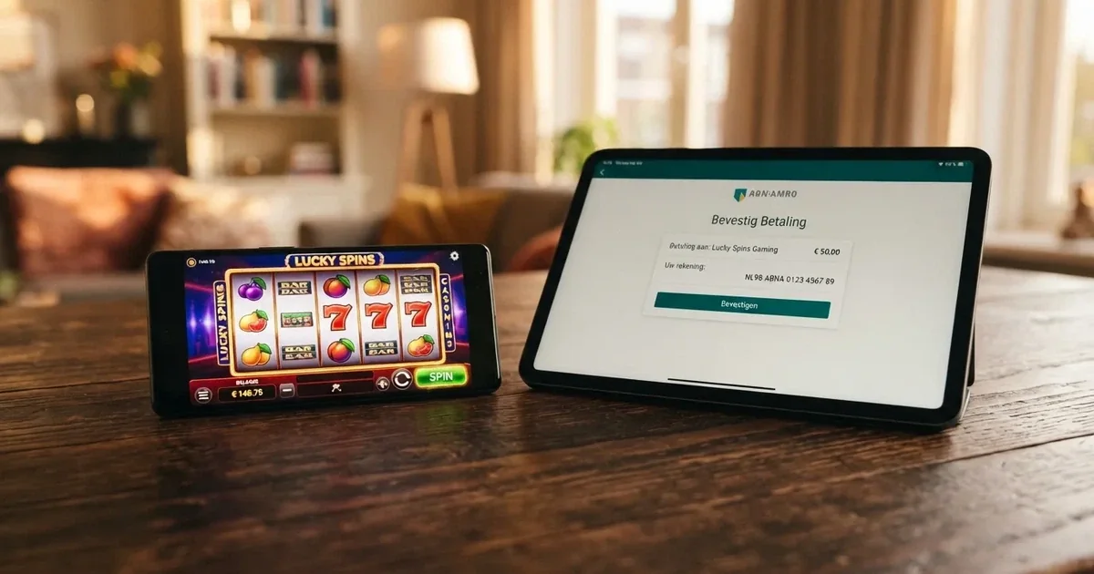 mobiele telefoon met een casino-spel naast een bank-inlogscherm