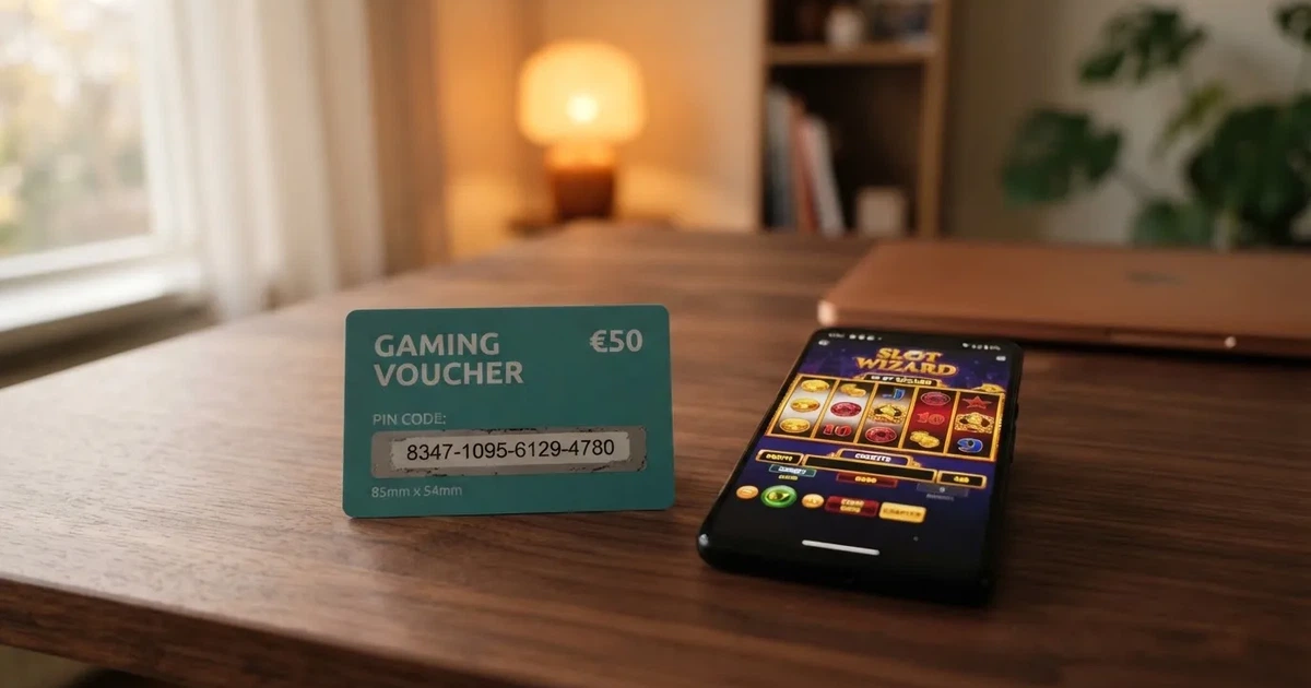 Een paysafecard-voucher met 16-cijferige pincode naast het scherm van een Nederlands online casino, met de KSA-vergunning zichtbaar in de footer.