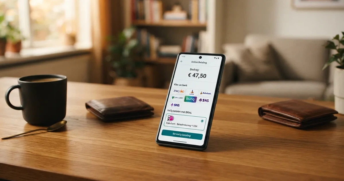 Smartphone met de Revolut-app en een iDEAL-betaalscherm van een online casino