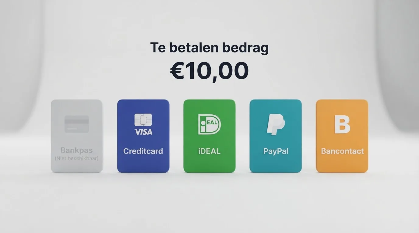 Een rij betaalopties — iDEAL, Trustly, Volt, Bancontact, Visa — waarbi j iDEAL grijs is itgevoerd en de andere gekleurd, met het bedrag “€10” erboven.