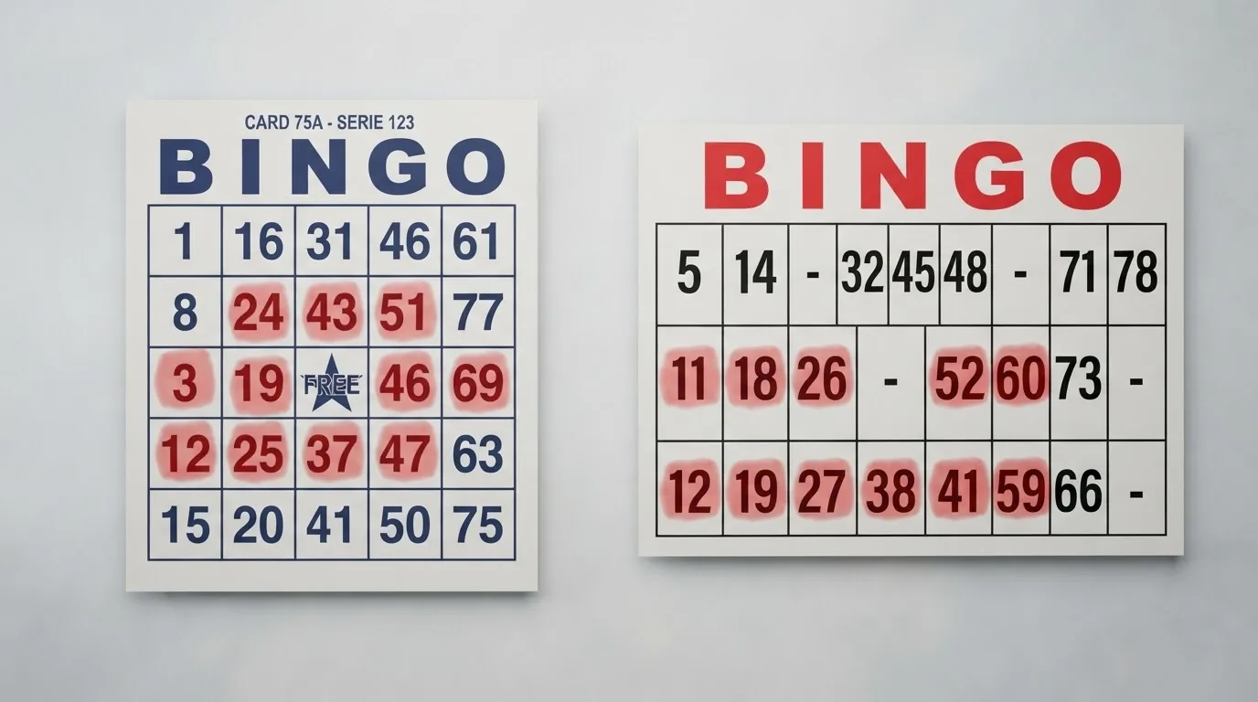 Een Bingo 75-kaart met 5×5-raster en vrij middenvak naast een Bingo 90-kaart met 3 rijen en 9 kolommen, met afgevinkte nummers