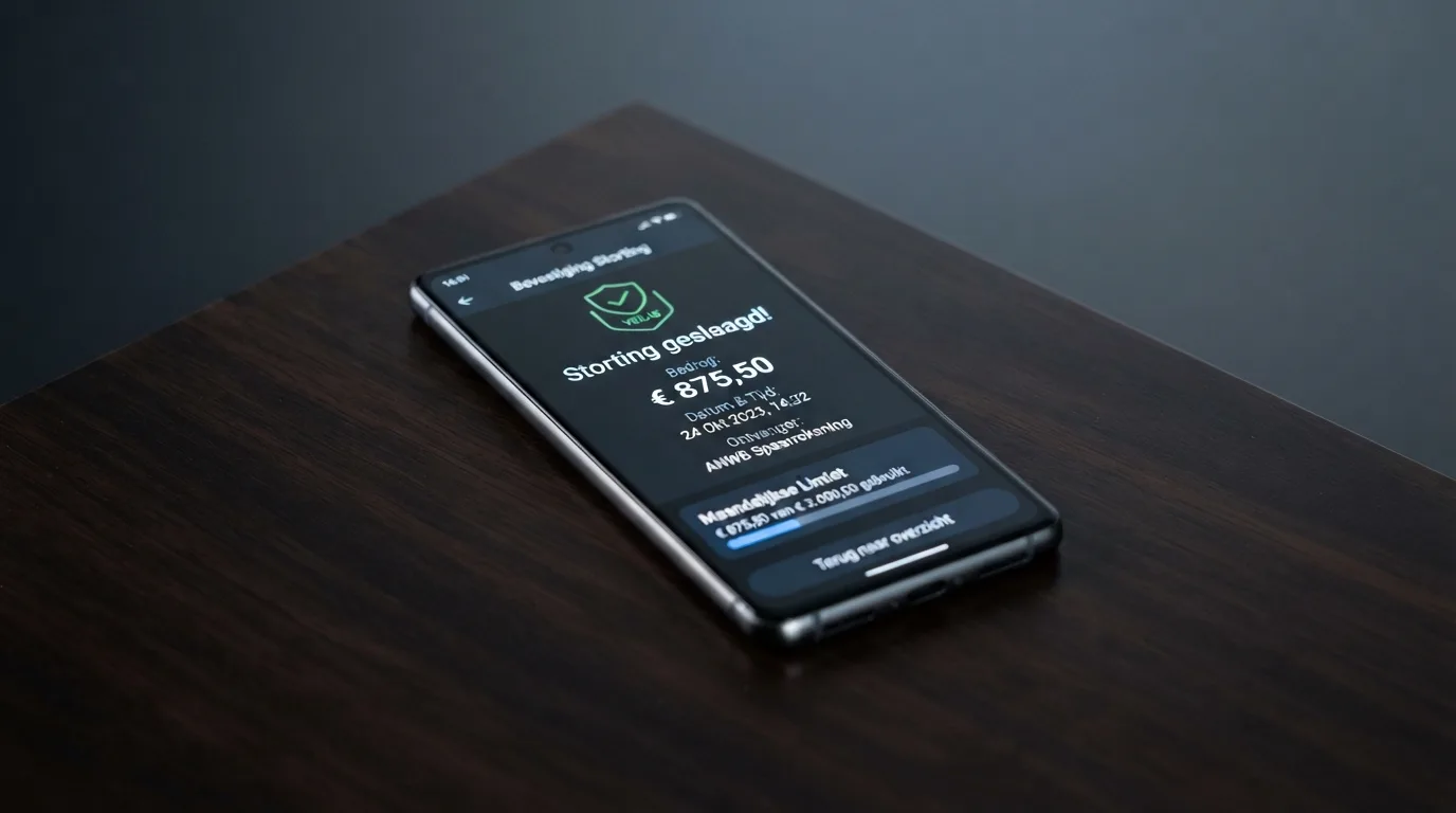 Smartphone met een stortingsscherm waarop een beveiligingscontrole en een limietmelding zichtbaar zijn