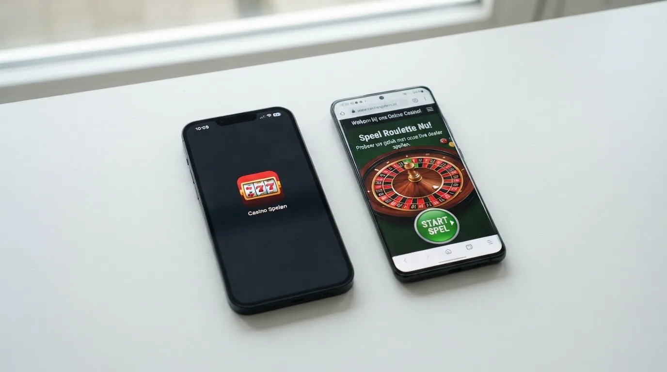 Twee telefoons naast elkaar: links een casino-app-icoon op het startscherm, rechts een mobiele browser met een casinosite
