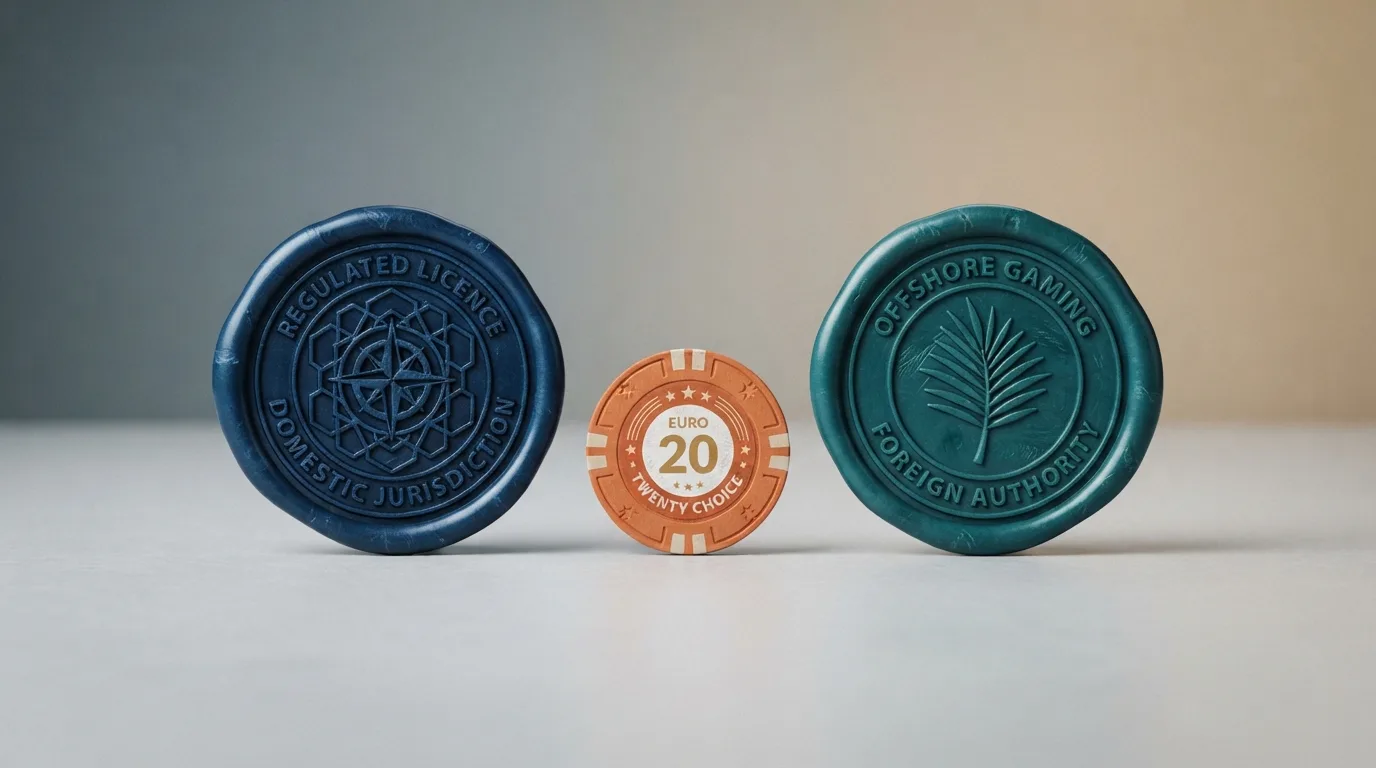 Een rij casino-logo's naast elkaar, met links een stempel 'Ksa-vergunning' en rechts een stempel 'buitenlandse licentie'