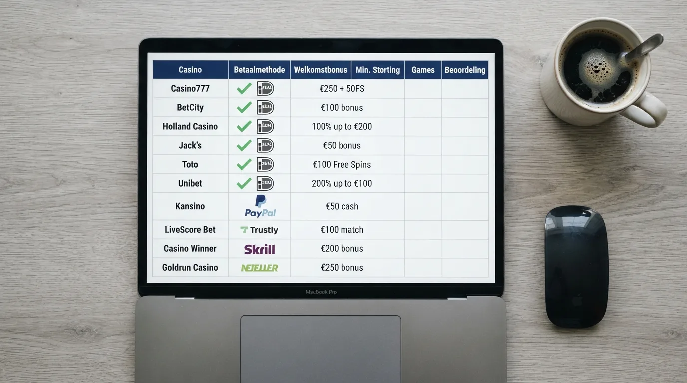 Een vergelijkingstabel met casino's en hun betaalmethoden op een laptopscherm