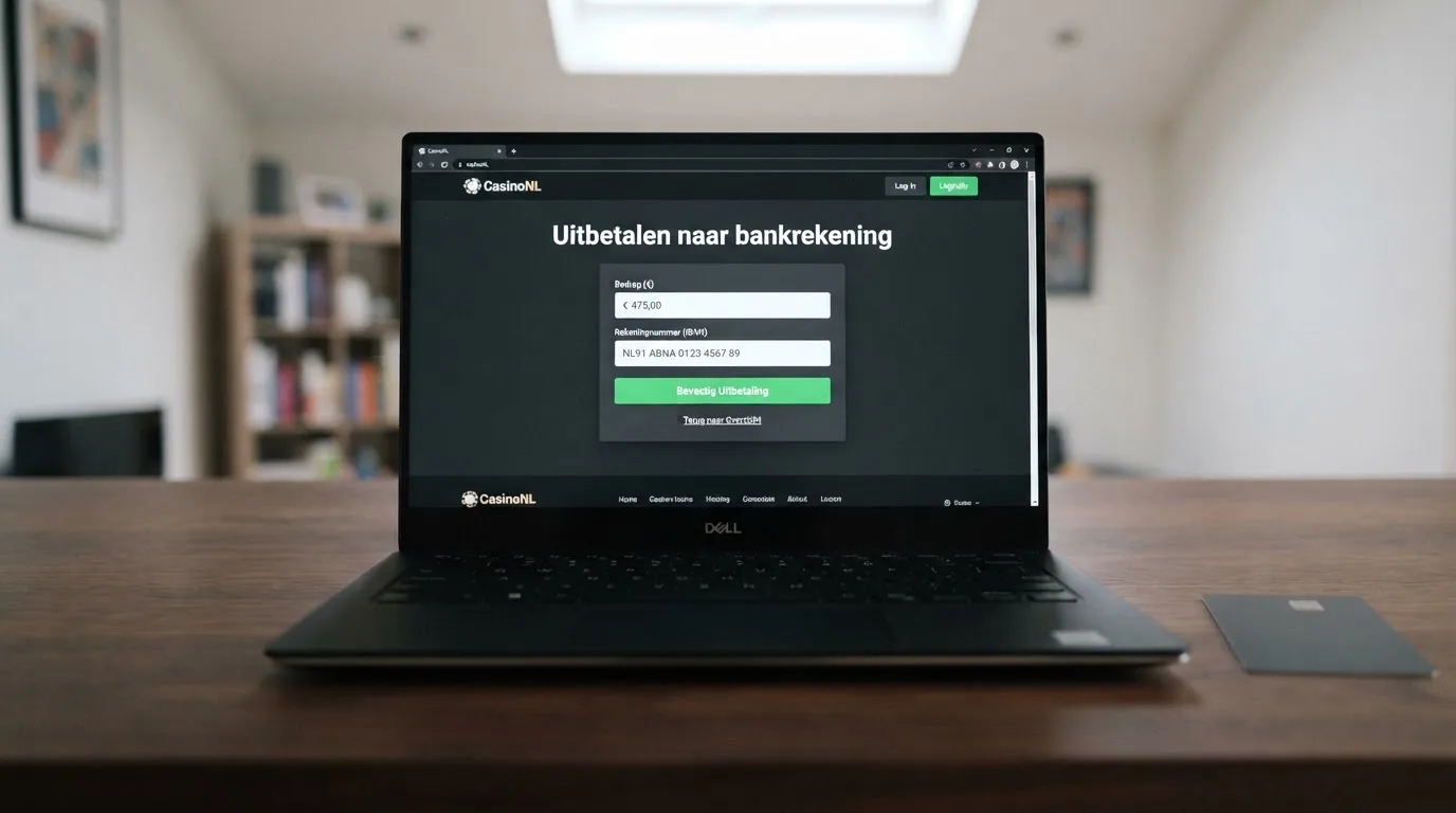 Een screenshot-achtige weergave van een casino-opnamescherm met de optie 'uitbetalen naar bankrekening' prominent in beeld, en een creditcard zichtbaar op de achtergrond met een kruisje erdoor