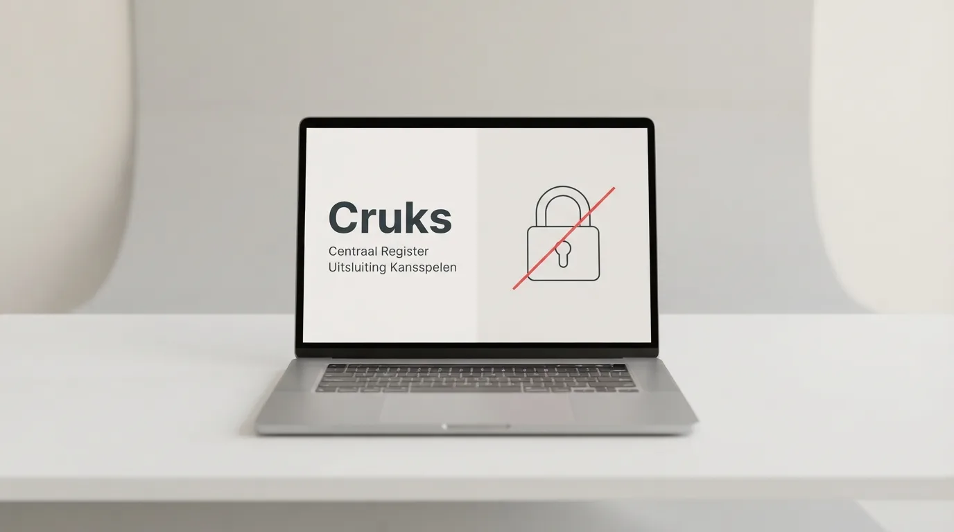 Een laptopscherm met aan de enekant het Ksa-logo en de tekst “Cruks — Central Register Uitsluiting Kansspelen” en aan de andere kant een doorgestreept sloth — de scheidslijn tussen vergund en onvergund spelen.