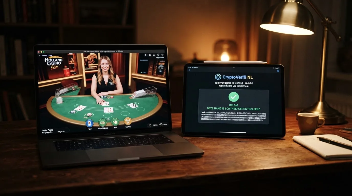 Een laptopscherm met een live blackjack-dealer en daarnaast een provably fair-verificatiescherm met een hashcode