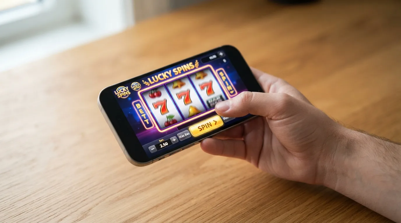 Een hand speelt een gokkast op een telefoon in liggende stand, met zichtbare inzet- en draaiknoppen