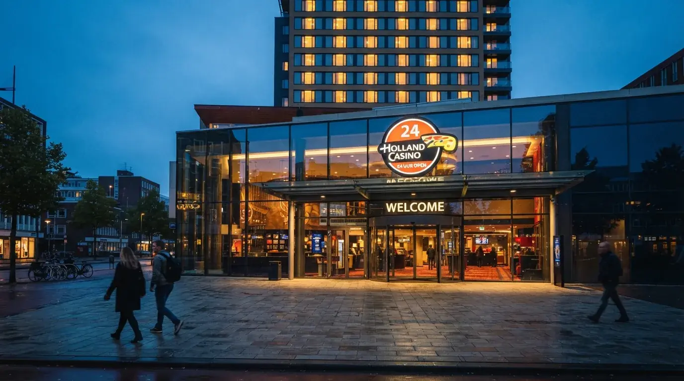 De entree van Gran Casino Tiel bij avond, met het Van der Valk-hotel op de achtergrond