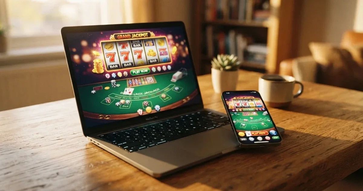 Laptop en smartphone met kleurrijke gokkasten en een speeltafel op het scherm