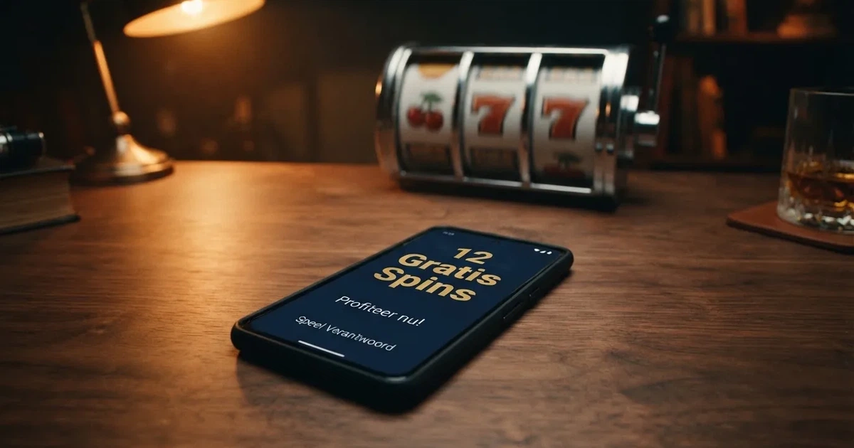 Een close-up van een smartphone met een Nederlands online casino spins-scherm waarop het aantal resterende gratis spins zichtbaar is, met op de achtergrond een slotrad dat draait.