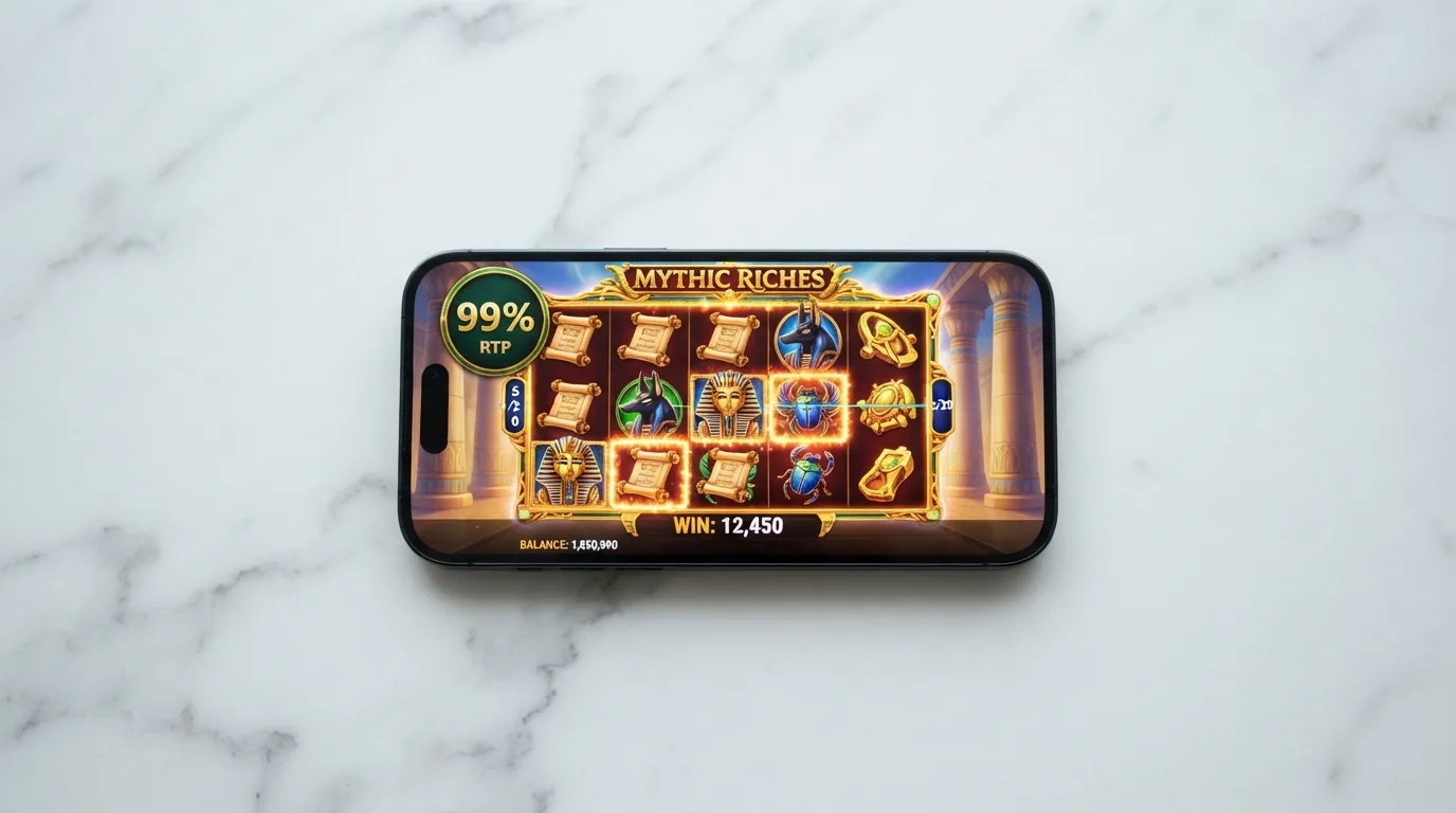 Book of 99 van Relax Gaming op een smartphonescherm, met het 99%-RTP-label zichtbaar in de spelinterface