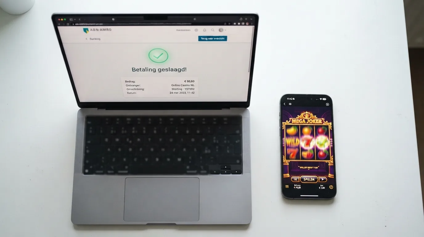 Een laptopscherm met het iDEAL-betaalscherm naast een mobiele telefoon met een online casino op het scherm