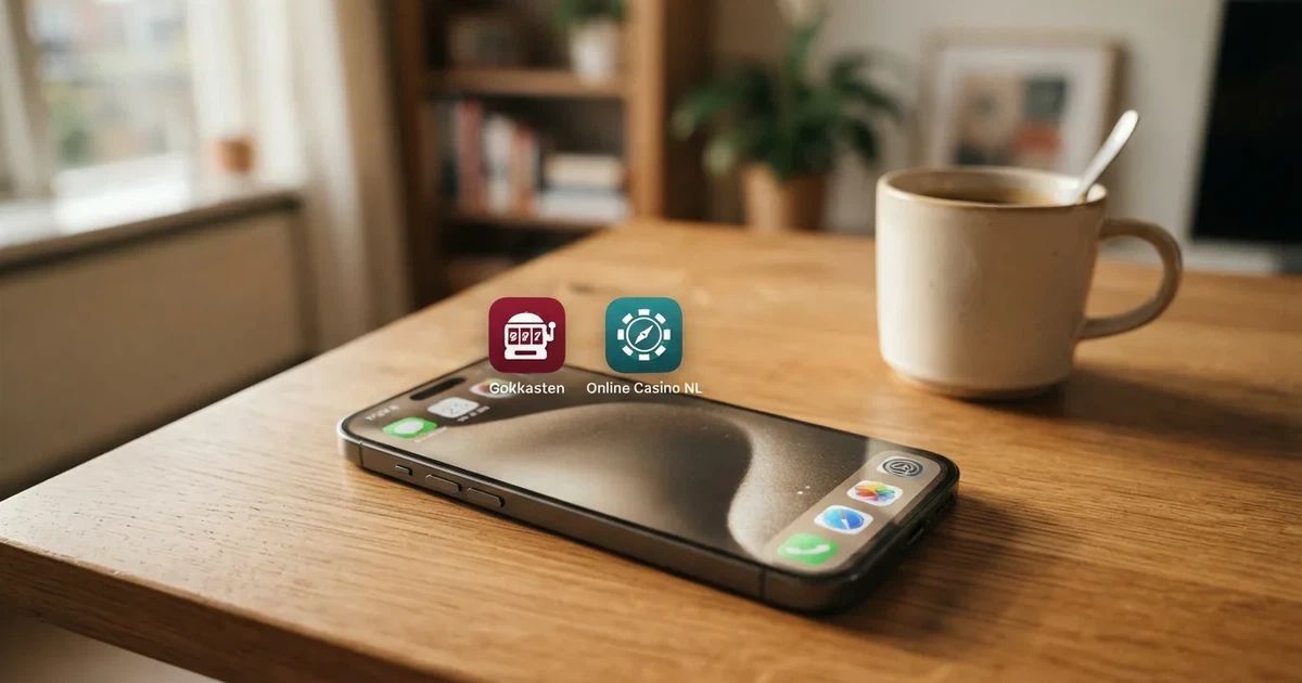 Een iPhone met twee casino-snelkoppelingen op het beginscherm: een app-icoon uit de App Store en een Safari-PWA