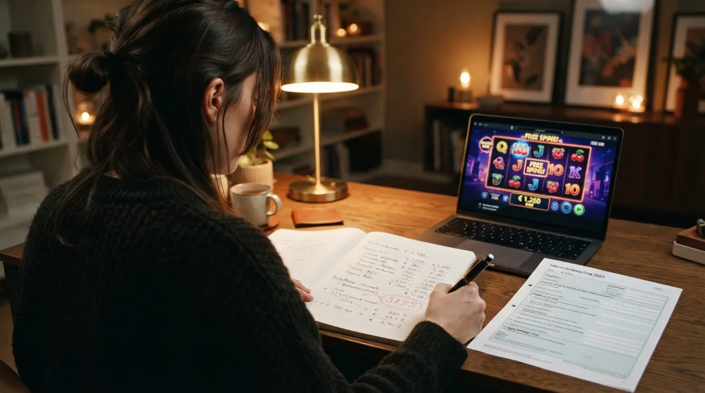 Een rekenmachine en een belastingformulier naast een laptop met een casino-site, met het tarief 37,8% in beeld.