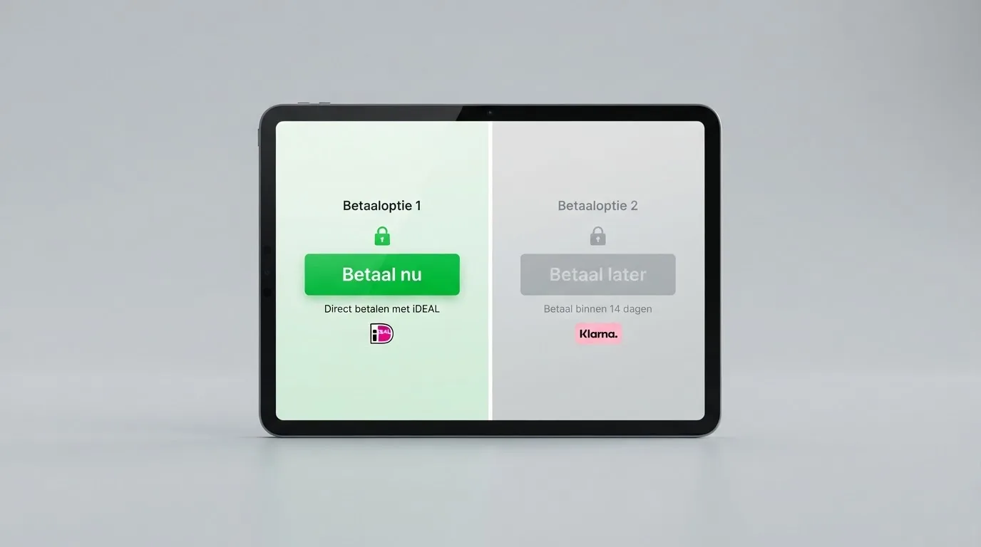 Een betaalscherm met twee opties naast elkaar: direct betalen en achteraf betalen