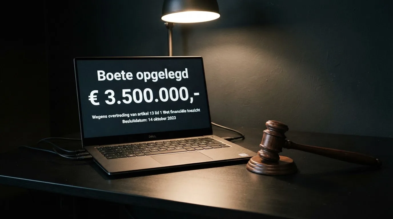 Het logo van de Kansspelautoriteit naast een lijst met opgelegde boetes op een beeldscherm