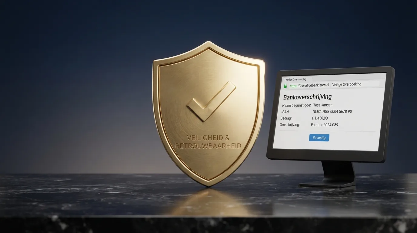 Het KSA-logo naast een ingevuld bankoverschrijving-formulier op een beeldscherm, met een slot-icoon in de browserbalk