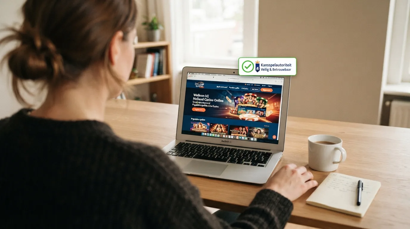 Het Ksa-logo op de homepage van een Nederlands online casino met het vergunningnummer in de voettekst