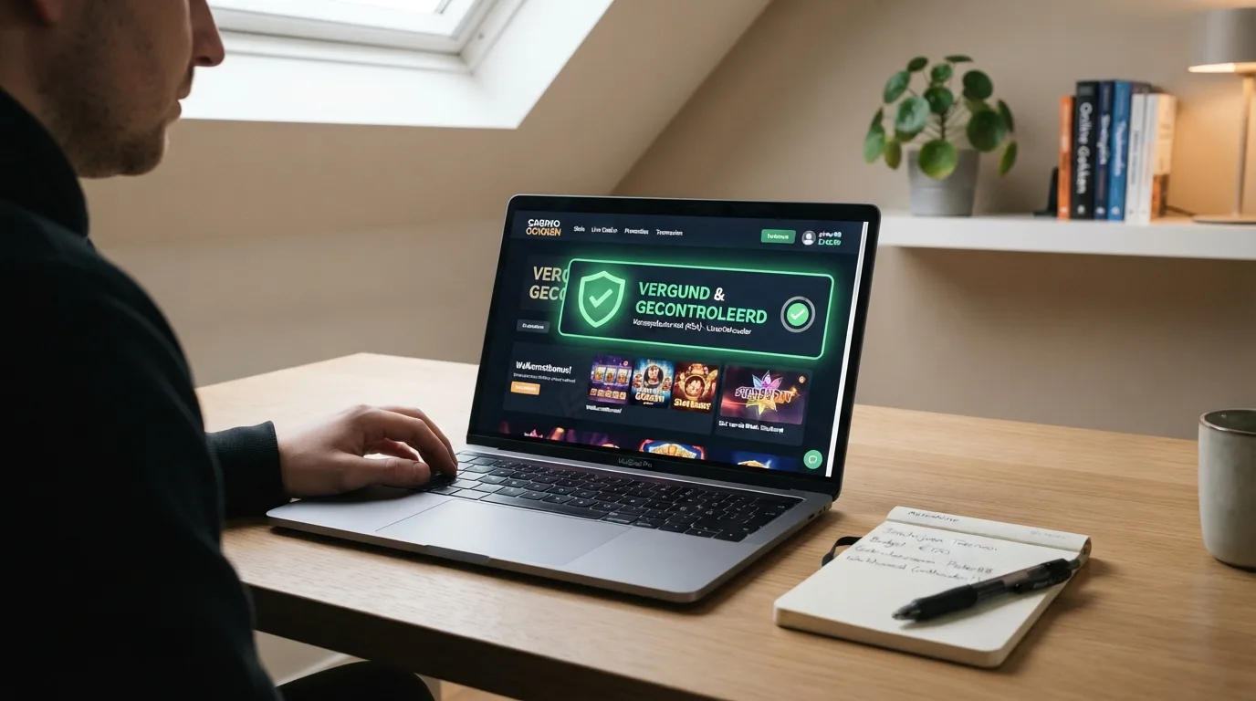 Een vergund online casino op een scherm met het logo van de Kansspelautoriteit