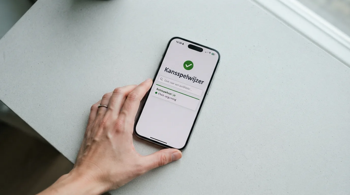 Een iPhone-scherm met de Kansspelwijzer van de Ksa en een groen vinkje bij een vergunning