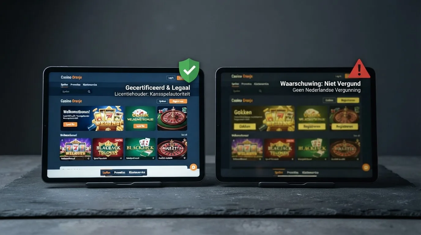 Twee schermen naast elkaar: een casino met Ksa-logo en een offshore casino-website zonder vergunning