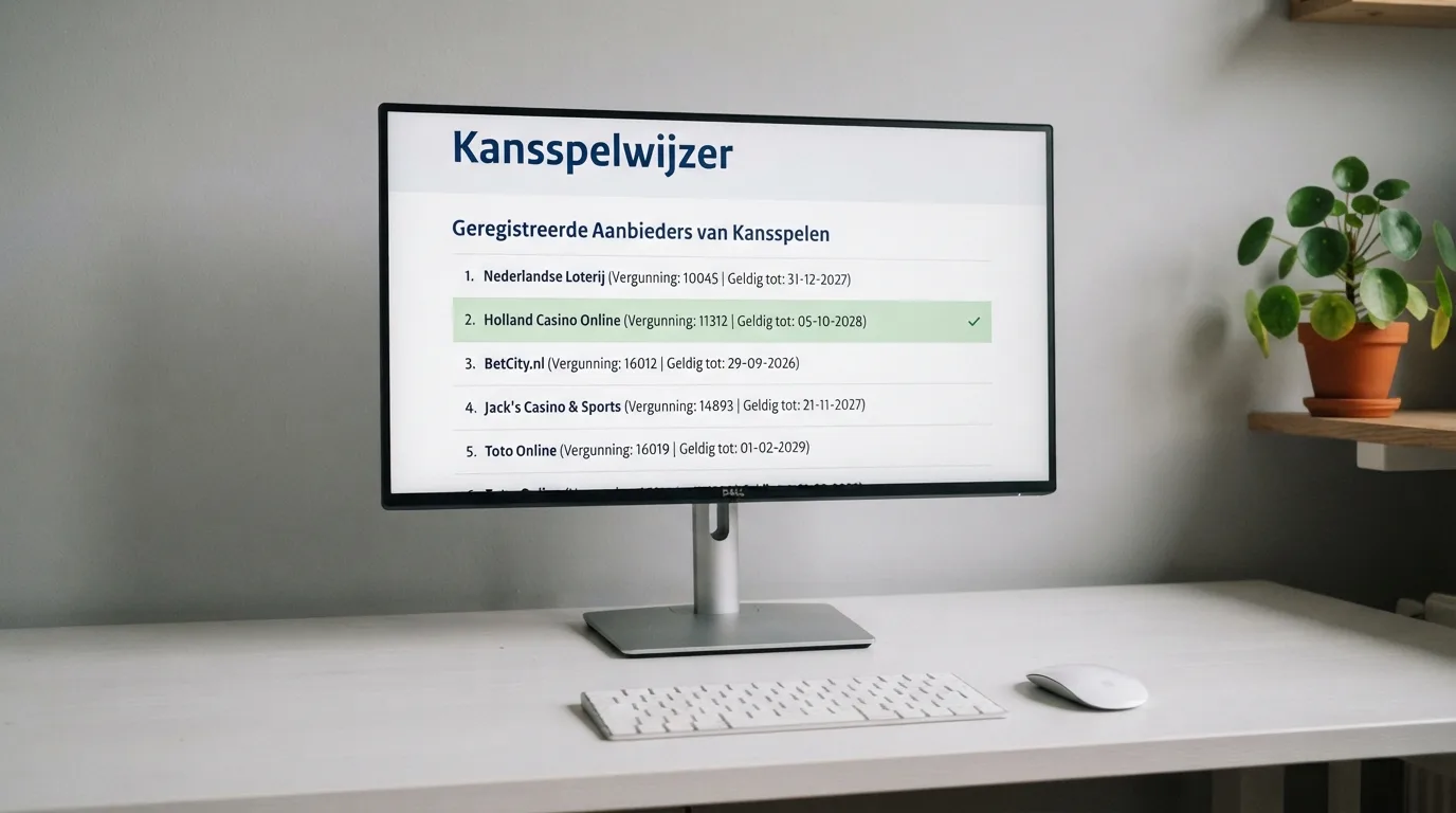 Een computerscherm met het register van de Kansspelautoriteit waarop de vergunning van een online casino zichtbaar is