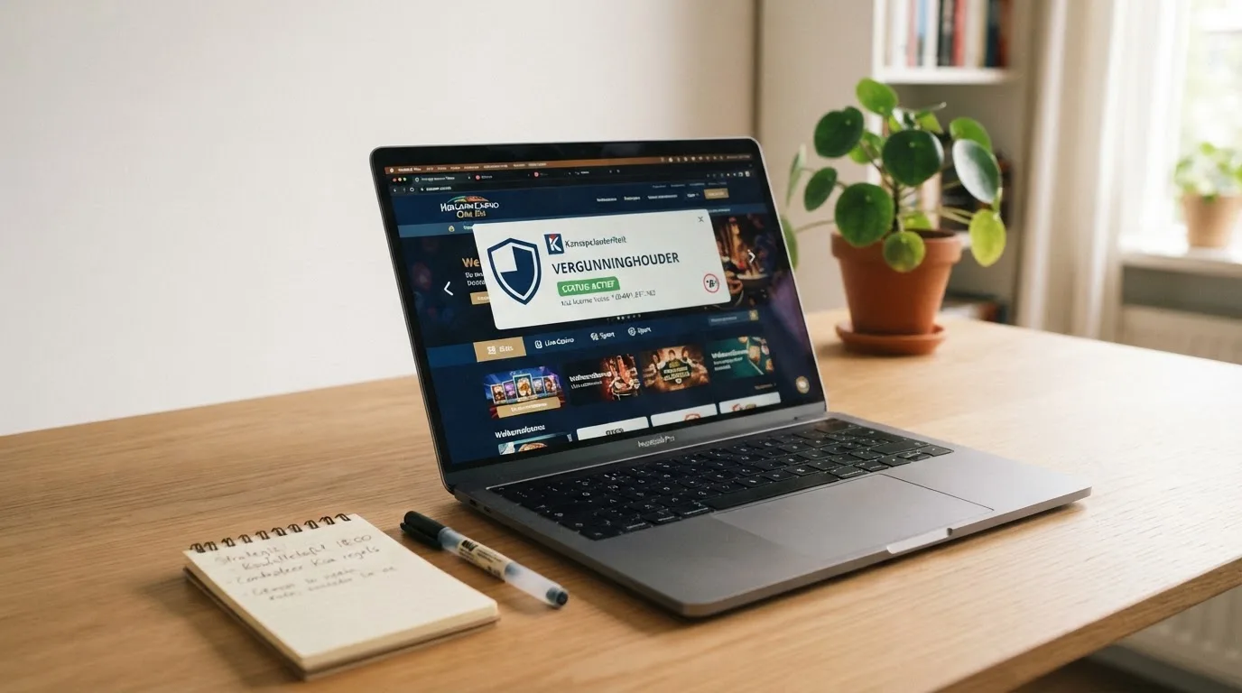 Een laptop met een casino-website die een vergunning- en toezichtstatus toont