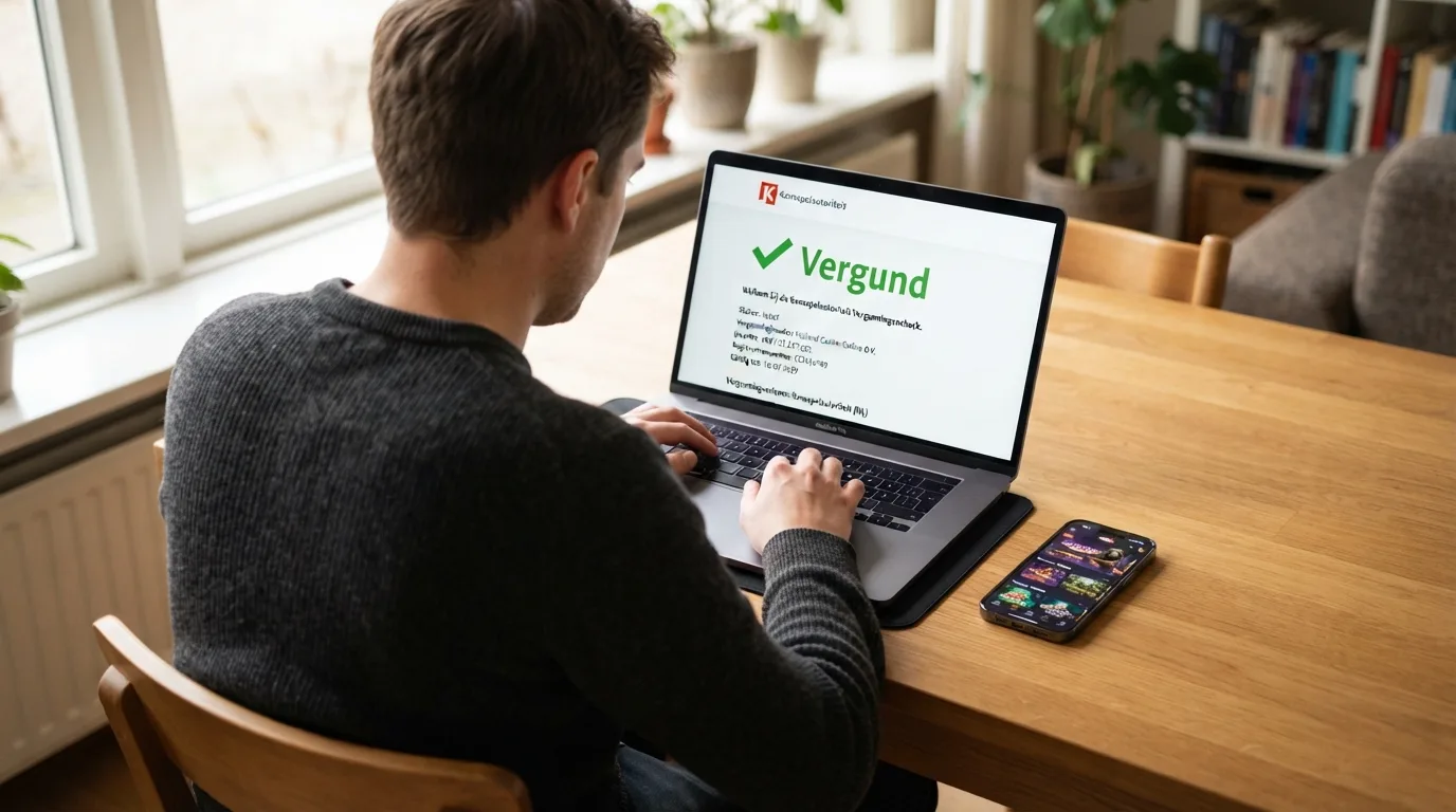 Een vergunning van de Kansspelautoriteit op een bureaublad naast een geopende casinopagina