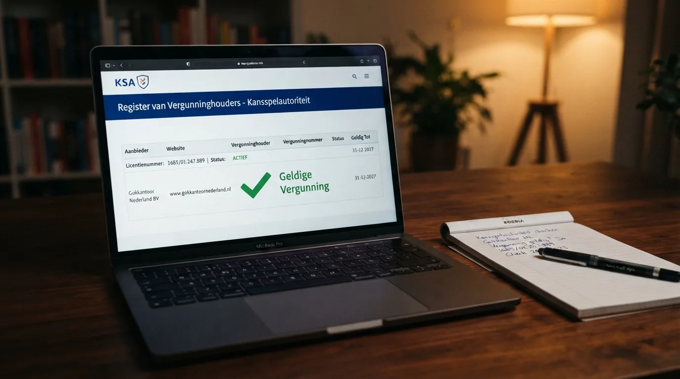 Een close-up van een Ksa-logo op een beeldscherm, met een vergunning-document op de achtergrond