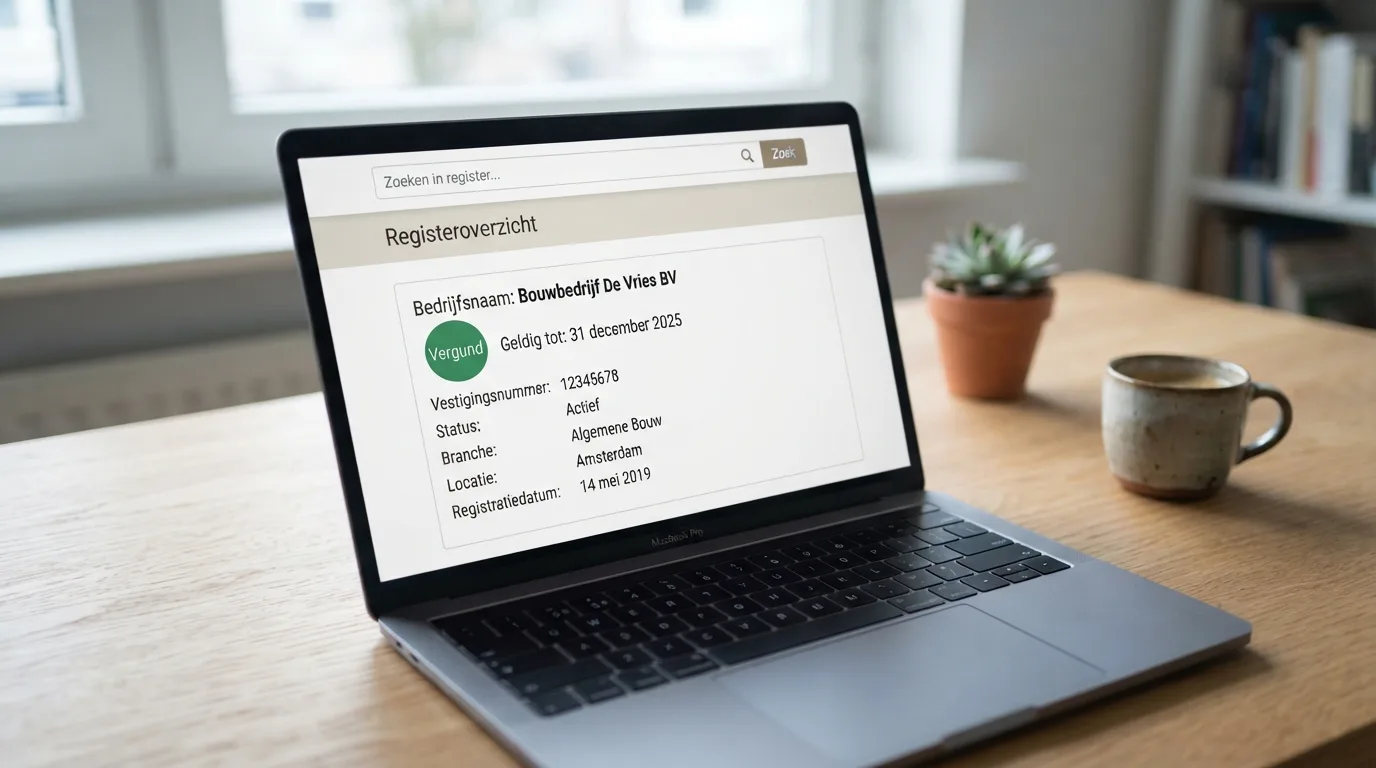 Het Ksa-vergunningenregister op een laptopscherm met een vergunningnummer en de naam van een aanbieder