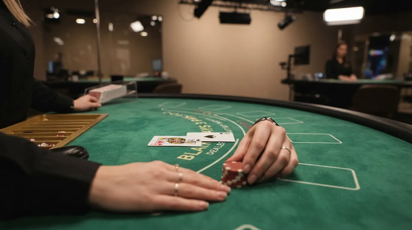 Een live blackjack-tafel met Nederlandssprekende dealer in een studio, close-up van de kaarten op het groene laken